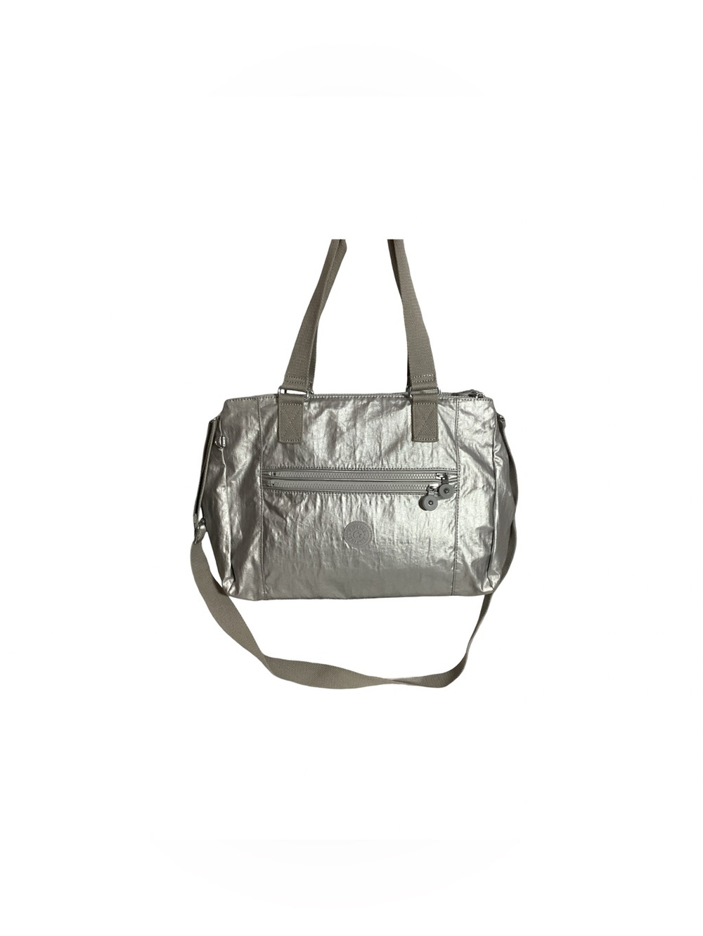 Kipling Metallic Silver Art Large Satchel Crossbody Weekender Bag EUC